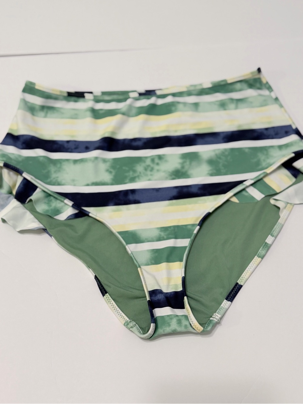 Aerie High Waisted Full Coverage Ruffle Bikini Bottoms Green Striped Tie Dye L
